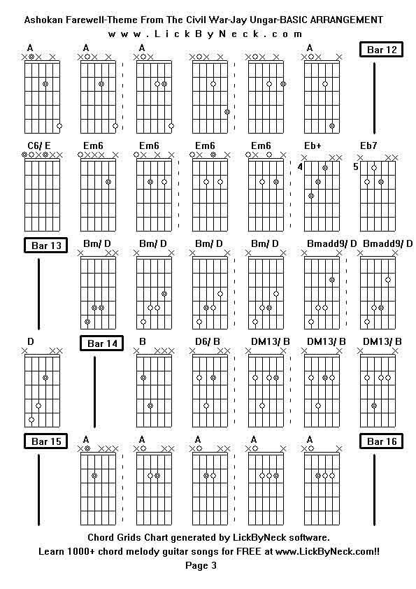 Chord Grids Chart of chord melody fingerstyle guitar song-Ashokan Farewell-Theme From The Civil War-Jay Ungar-BASIC ARRANGEMENT,generated by LickByNeck software.